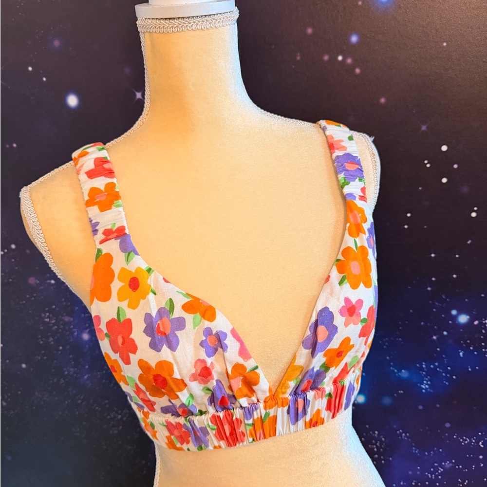 Peppermayo White Floral V-Neck Crop Top with Orange & Purple Flowers
